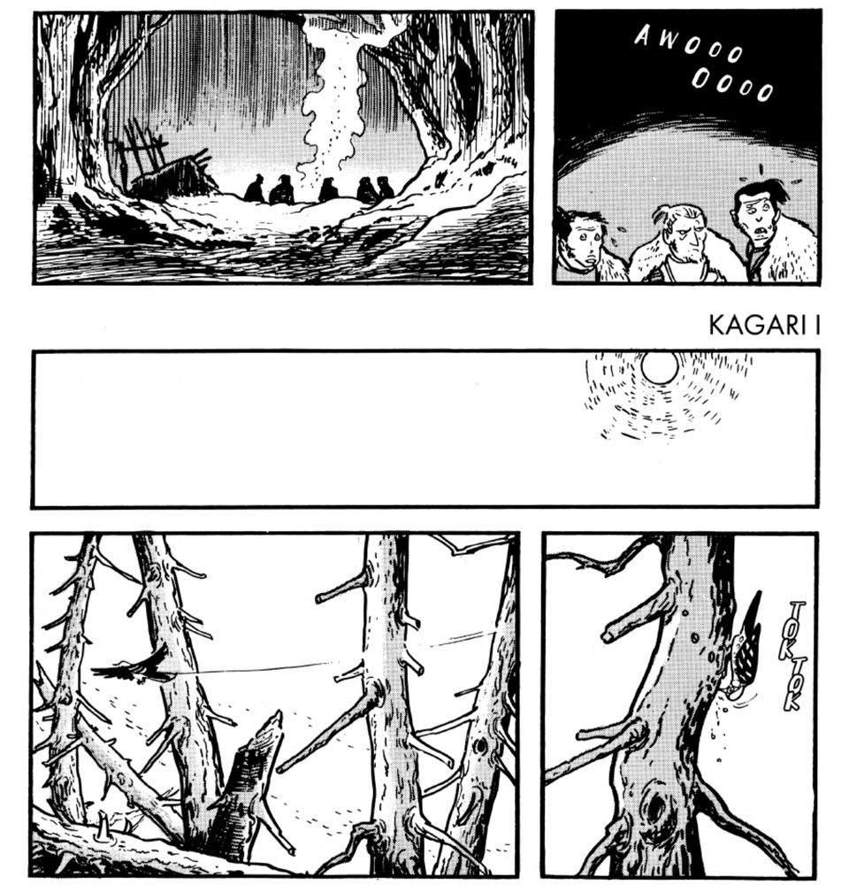 Wolf howls are heard by a group of people in the mountains, we then pull back to see their camefire.

Then time passes, the sun rises, and we cut to a tree with a bird, which then flies away. 

From Shirato Sanpei's Legend Of Kamui