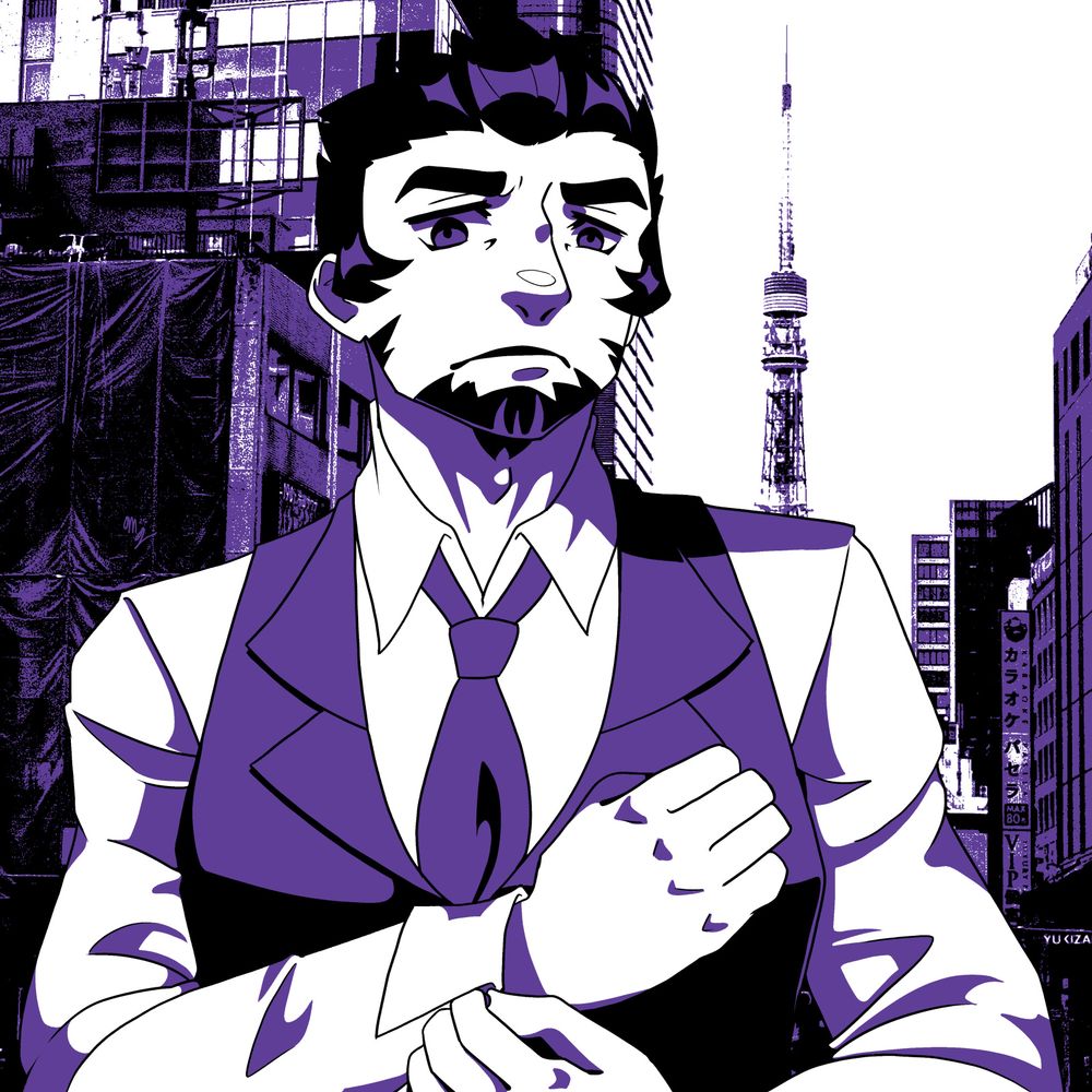 A drawing of an imposing, beefy man adjusting the cuff of his shirt