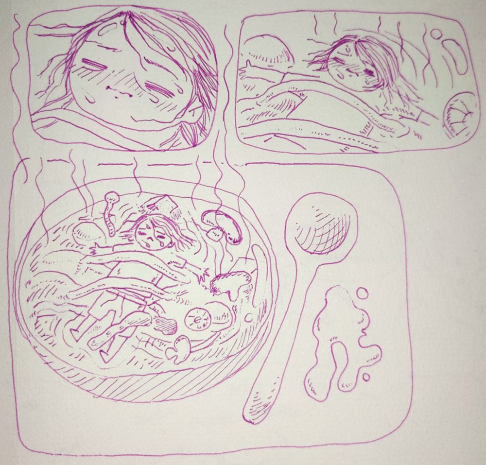 Trois cases de "BD" où on dézoom progressivement depuis mon visage. J'ai les cheveux plaqués sur mon visage "rouge", des gouttes de sueur et de vaguelettes de chaleur. En dézoomant on se rend compte que je flotte dans un bol de soupe au milieu des légumes et des nouilles.