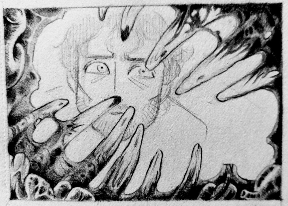 Dessin en noir et blanc d'un point de vue interne (lol) depuis l'intérieur d'une cage thoracique. On y voit des côtes de part et d'autre de l'illustration, liées entre elles par des tissus organiques de chair et de muscles. Et on y voit aussi Will de la série Hannibal en train de zieuter à l'intérieur. 