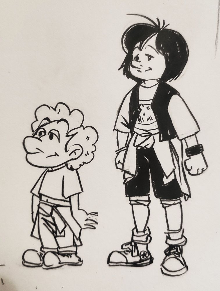 Johan et Pirlouit dessinés en Bill and Ted (version noir et blanc). À gauche se trouve Bill et à droite Ted). 