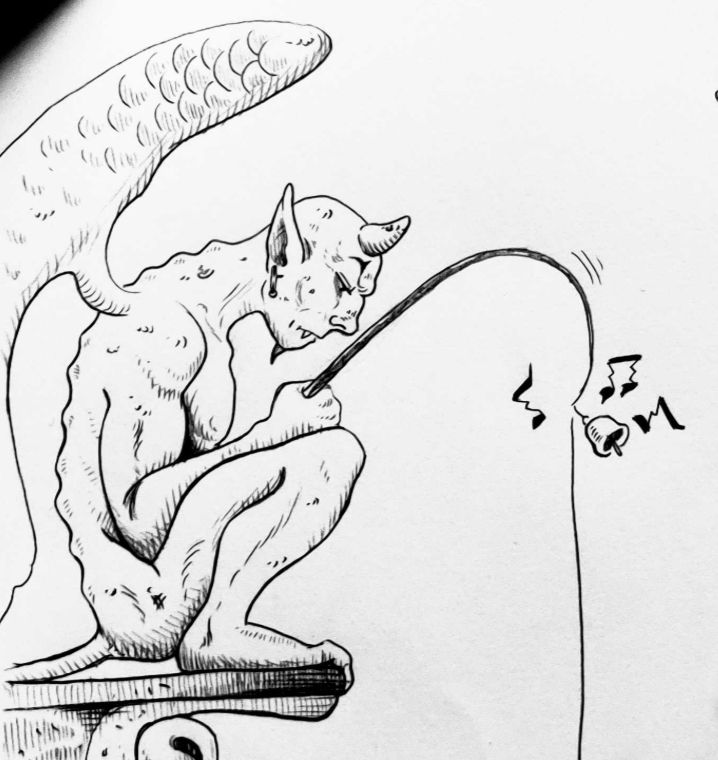 Dessin d'une gargouille humanoïde accroupie de profil en train de pêcher. Elle a une grande aile dans le dos, des petites cornes, un piercing à l'oreille, une canine qui sort de sa bouche et une petite barbichette. La canne à pêche a une petite clochette accrochée au bout, qui tinte lorsque quelque chose mord à l'hameçon. Le dessin a été fait au critérium, et est en noir et blanc. Il y a pleins de ptits traits partout, parce que c'est cool les ptits traits.