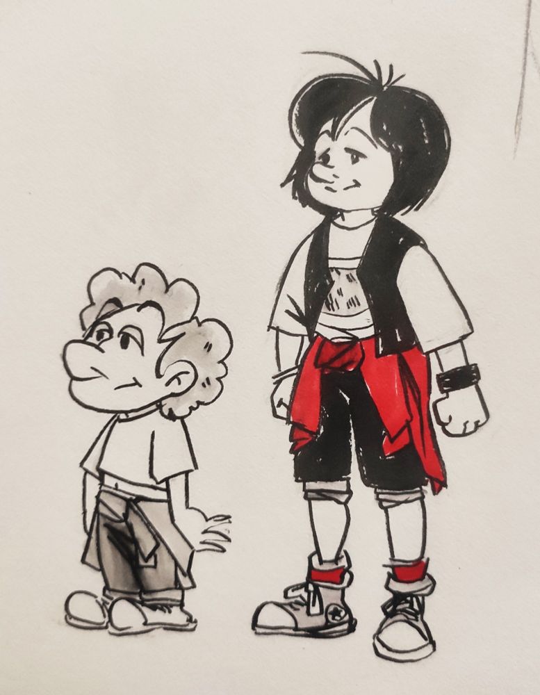 Johan et Pirlouit dessinés en Bill and Ted (version colorée). À gauche se trouve Bill et à droite Ted. 