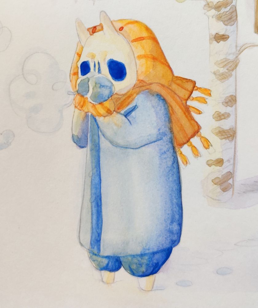 Photo d'un dessin réalisé par moi-même à l'aquarelle. On y voit presque le même petit personnage que le précédent aussi emmitouflé dans un manteau bleu, tentant de réchauffer ses mains en les portant à sa "bouche". Sa tête ressemble à celle d'un crâne squelettique avec deux grandes cornes, et son nez a deux simples fentes, semblables à un crâne humain. Il a aussi une grande écharpe orange à rayures oranges qui cette fois recouvre le haut de son crâne.