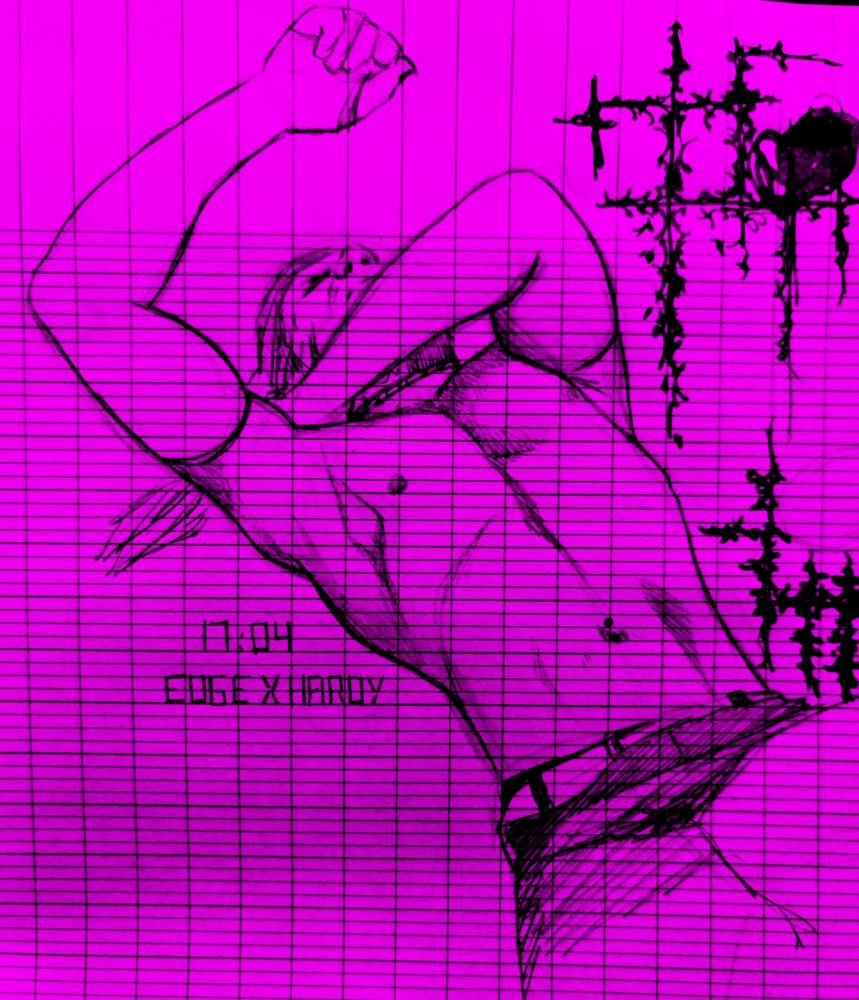 Croquis de Jeff Hardy étalé au sol pendant un match contre Edge. Croquis noir sur fond rose.