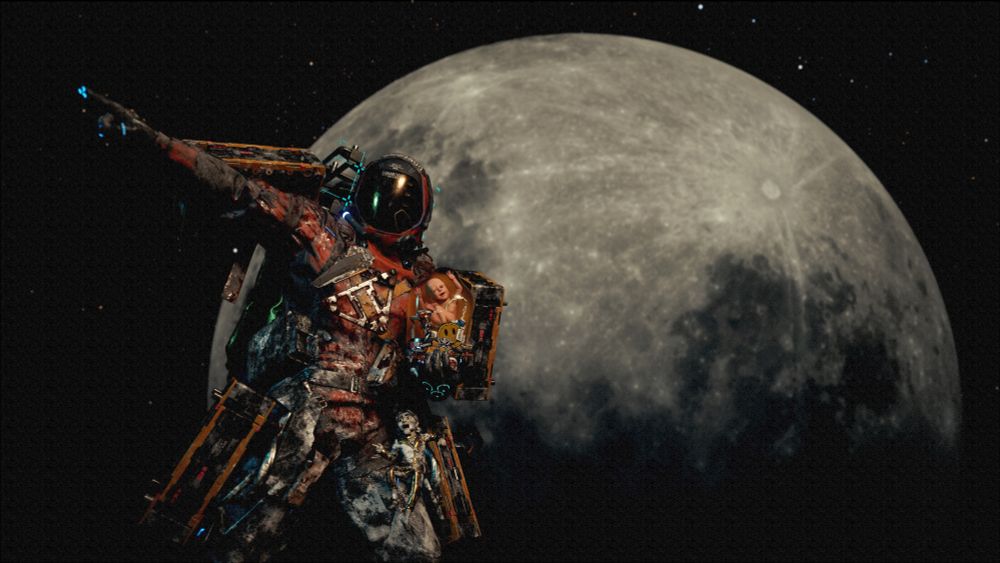 The giant moon behind Sam as he points into space, Lou excited and dollman pointing with Sam 