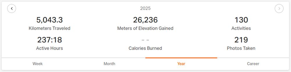 Fragment strony Ride with GPS z moimi statystykami z 2025. 5043,3 kilometers traveled, 26236 meters of elevation gained, 130 activities, 237:18 active hours, 219 photos taken.