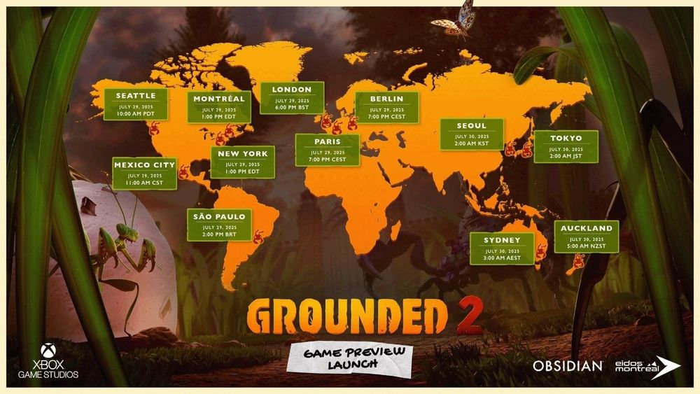 Mapa świata z etykietami pokazującymi datę i godzinę startu Grounded 2. Najbliżej nas jest Berlin z 29 lipca, 19:00.