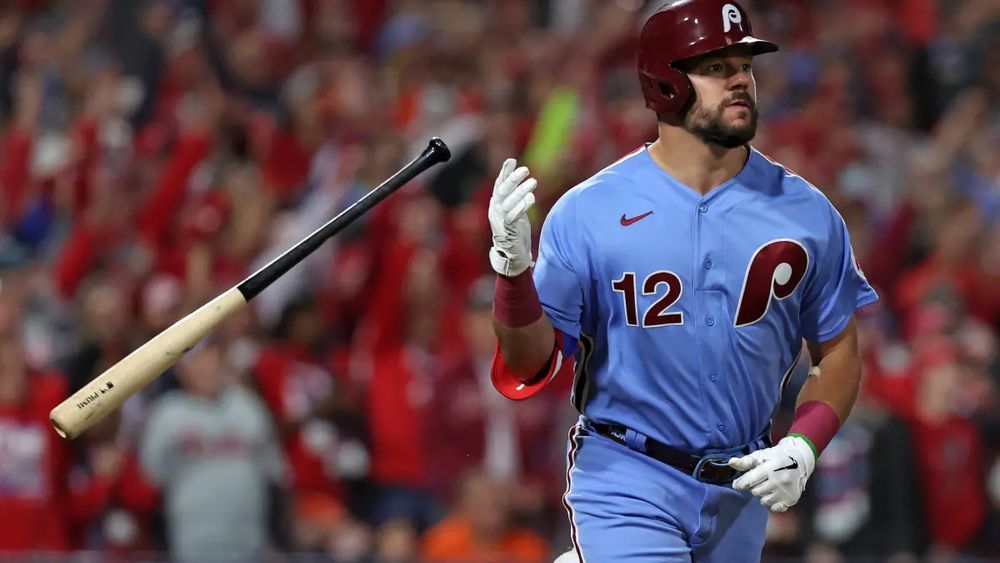 Kyle Schwarber looking like the Greek God of BOMBZ as he's flipping his bat after hitting a ball 12,000 feet (citation needed) while wearing the Phillies' super sexxxxy powder blue uniforms.