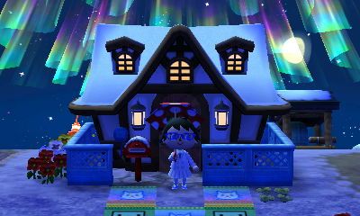 my ACNL/NH OC/general menace to society Wiffle with the world's worst bedhead and the world's prettiest aurora borealis