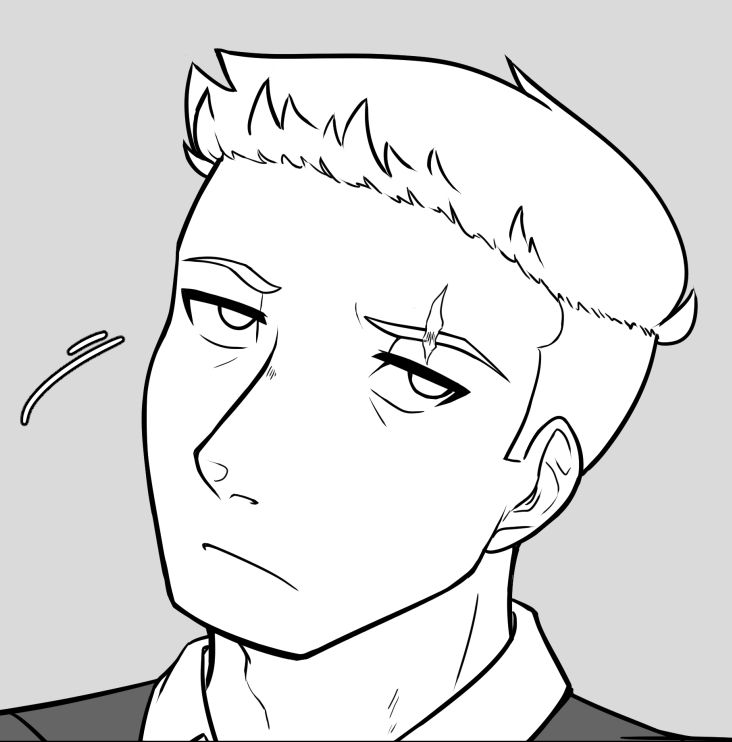 My oc Mikhail (man with a short, spiked undercut, wearing a buisness suit) rolling his eyes and looking unimpressed