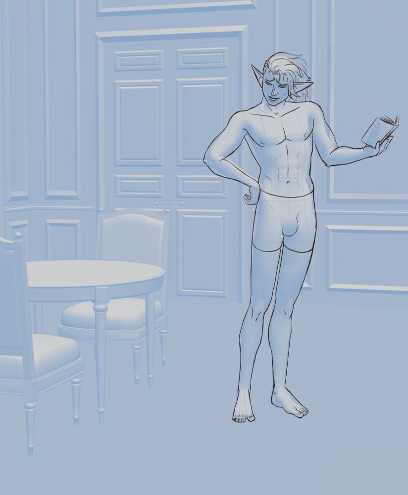 A work in progress of my Final Fantasy 14 Warrior of Light, Raimondaux Deresnels, a Duskwight with dark skin and black hair tipped in gold, as he stands in his room at the inn practicing reading to his coeurl kitten, Baby, who is as yet not drawn. He is dressed down to his underwear after bathing away the grime of travel.