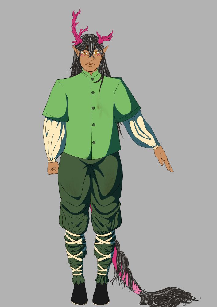 Jiang Jinhai, a Vidyadhara man with magenta horns and tail who wears the jade green of the alchemy guild and makes the Cloud Knight salute, is by far my oldest character at 65,724 years old. He was an original creation of the Aeon Long the Permanence, but before the end of his natural life, pledged himself to Yaoshi in exchange for keeping his memories safe and not self-reincarnating like the rest of his people. about 3,000 years ago, his dedication to Yaoshi could no longer be ignored, and he was arrested for being a member of the old Disciples of Sanctus Medicus. However, he didn't think the abominations were any more Yaoshi's plan than any of the other monsters were of the other Aeons, and actively opposed them... in short, it was an arrest under false pretenses. Nevertheless, he's been in the Shackling Prison since then.