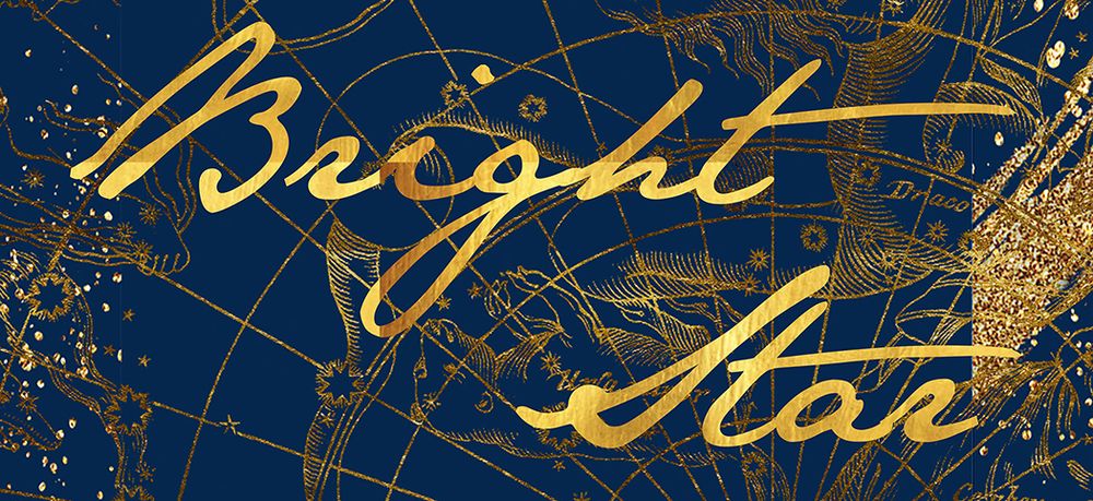 Gold text "Bright Star" over a blue background covered with a nautical map of constellations that are also in gold