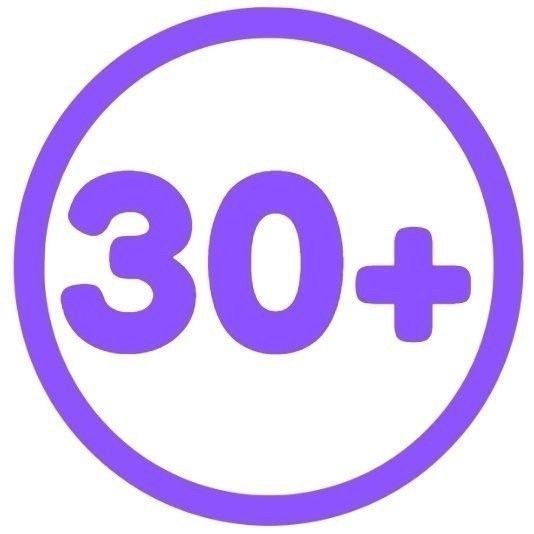 Large purple circle with "30+" in the middle. 
