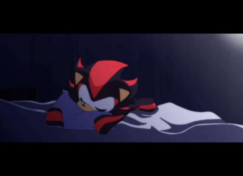 shadow the hedgehog laying in bed with the words things seem worse when you 're not here with me below him