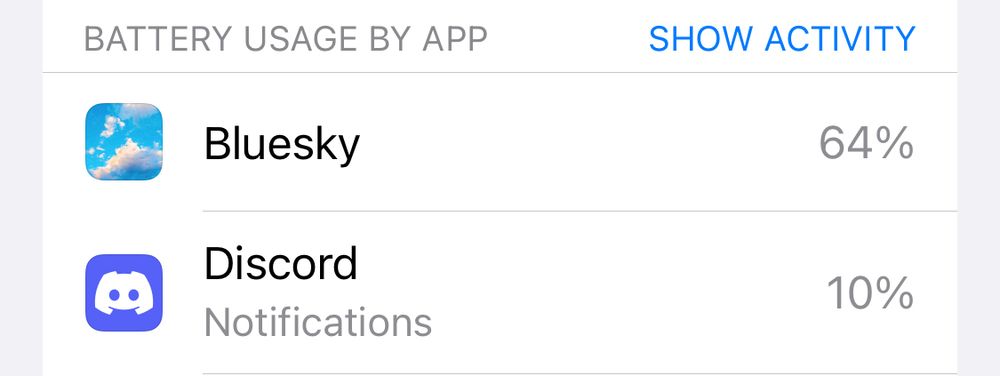 battery usage screen, with bluesky and discord taking the top 2 spots, with 64% and 10% of battery life used respectively 