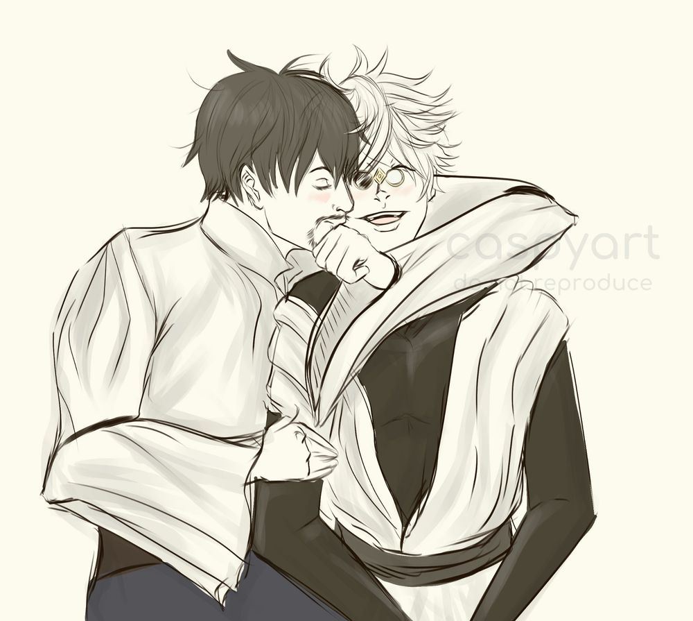 A sketch of Orugio planting a kiss on Qifrey's cheek in a tender embrace