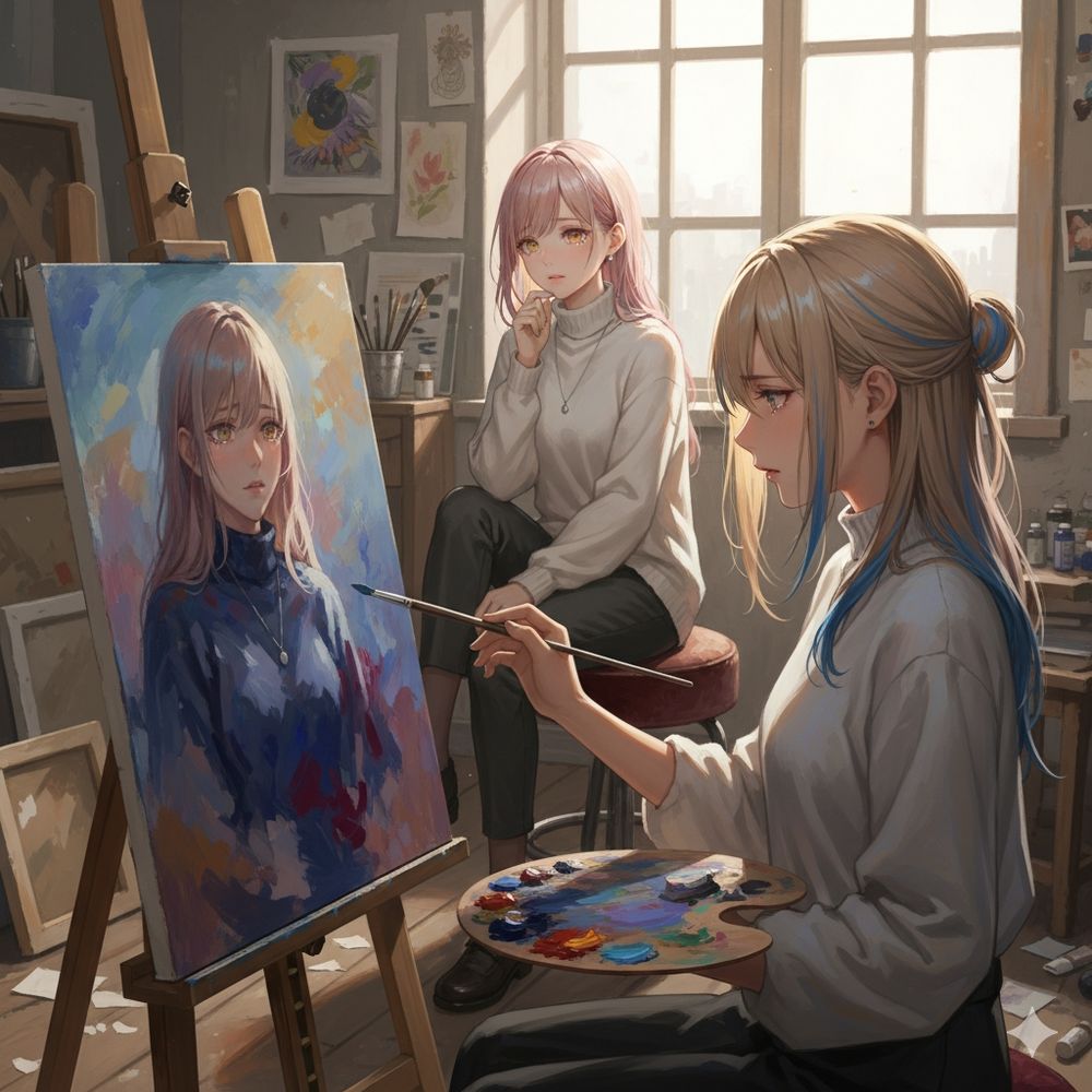 明るい部屋の中で人物画を描く女性とキャンバスの画像です。