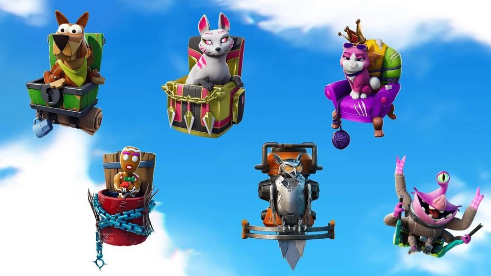 An image showcasing a variety of the older pet back blings from the earlier chapters of Fortnite.