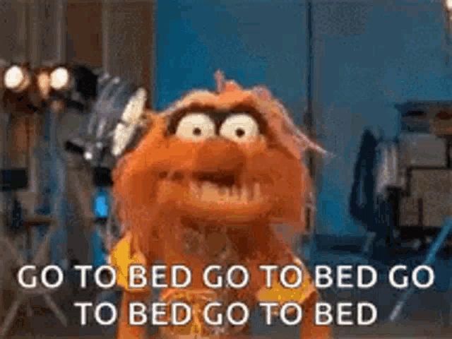 a muppet from the muppet show is saying `` go to bed go to bed go to bed go to bed `` .