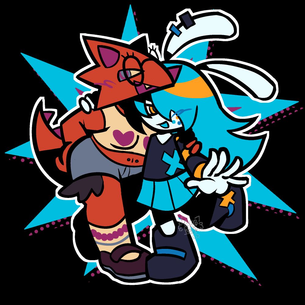 a drawing of Judy (left) and Widget (right), two anthropomorphic animal characters. Judy is a red triceratops with warm purple horns and spikes on her tail. her eyes are blue and purple. she wears circular glasses, a beige crop top with a purple love heart on each breast, grey-blue short shorts, patterned socks and dark purple shoes with grey-blue soles. she also has a navel piercing. Widget is an off-white sea bunny with long blue hair with an orange highlight that covers one eye. the eye that is visible has an orange and dark blue iris, and she has three multicoloured freckles on her cheek. She wears a navy blue shirt with a blue "X" on her left side and long navy and orange striped sleeves, a blue pleated skirt, and large navy blue boots with a lighter blue strap and an orange "X" on the outward facing sides. They are both posing coquettishly and each has an arm around the other's shoulders. The image is rendered with thick black linework and dramatic black shading, and the two characters are outlined in white. a geometric blue and purple shape serves as a background.