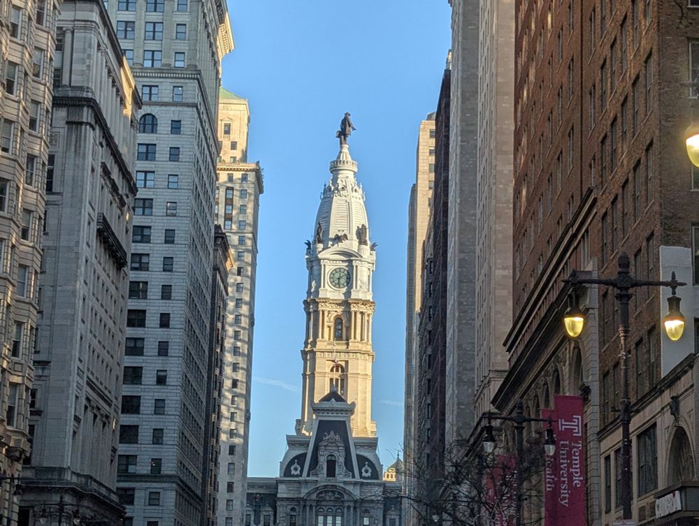 A photo of the spire at Philadelphia City Hall as seen from Broad Street.