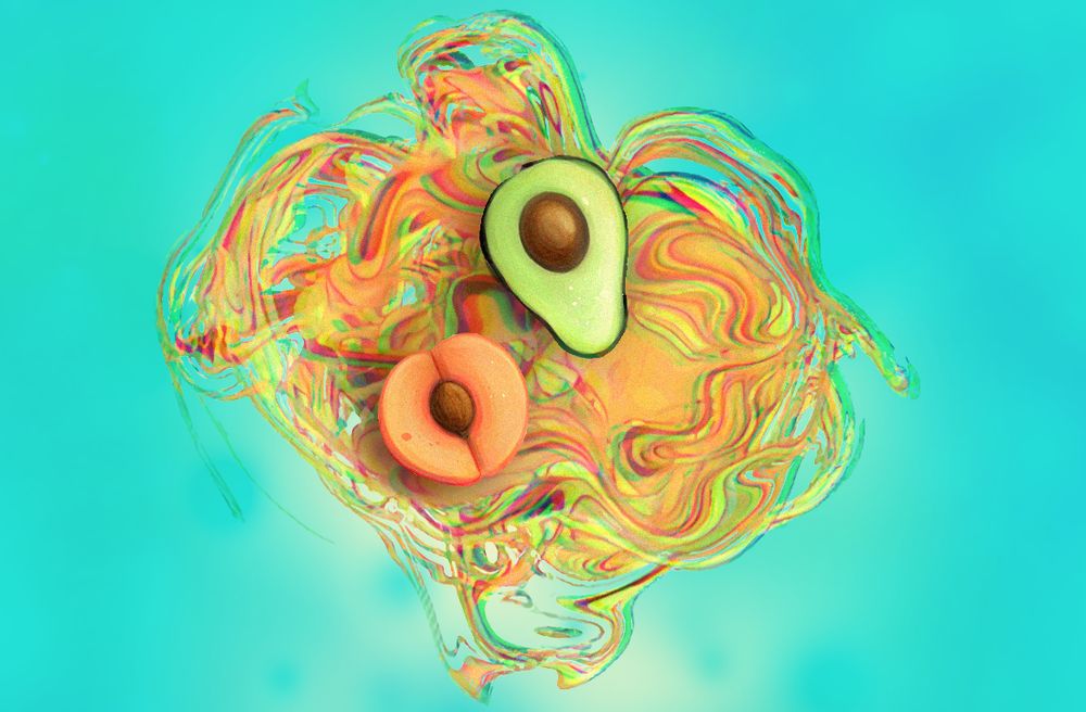 An illustration of an avocado half and a peach half, both showing their pits, set atop an abstract liquification of the bright colors of the fruits, seemingly intermingling like an oil slick on water. It is a vivid rendering with slight chromatic aberration. Painted in clipstudio paint.