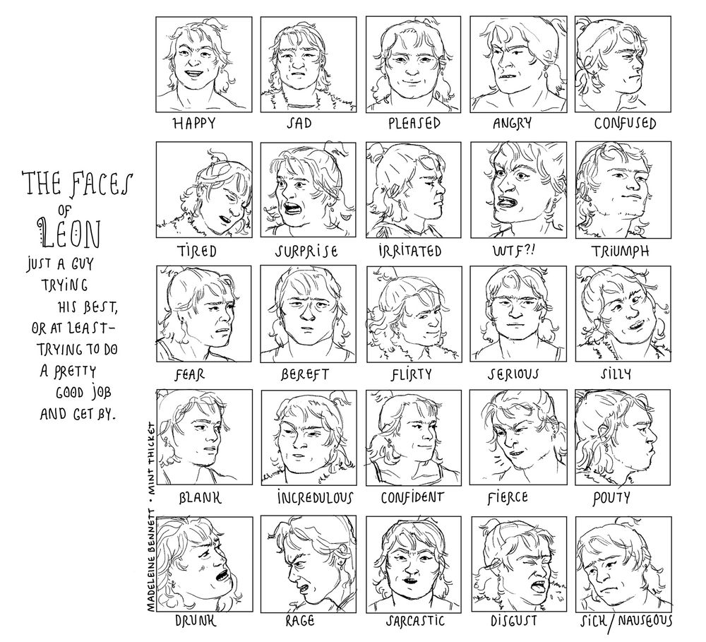 Character face expression chart of a broad-faced, friendly-looking guy with a tiny ponytail