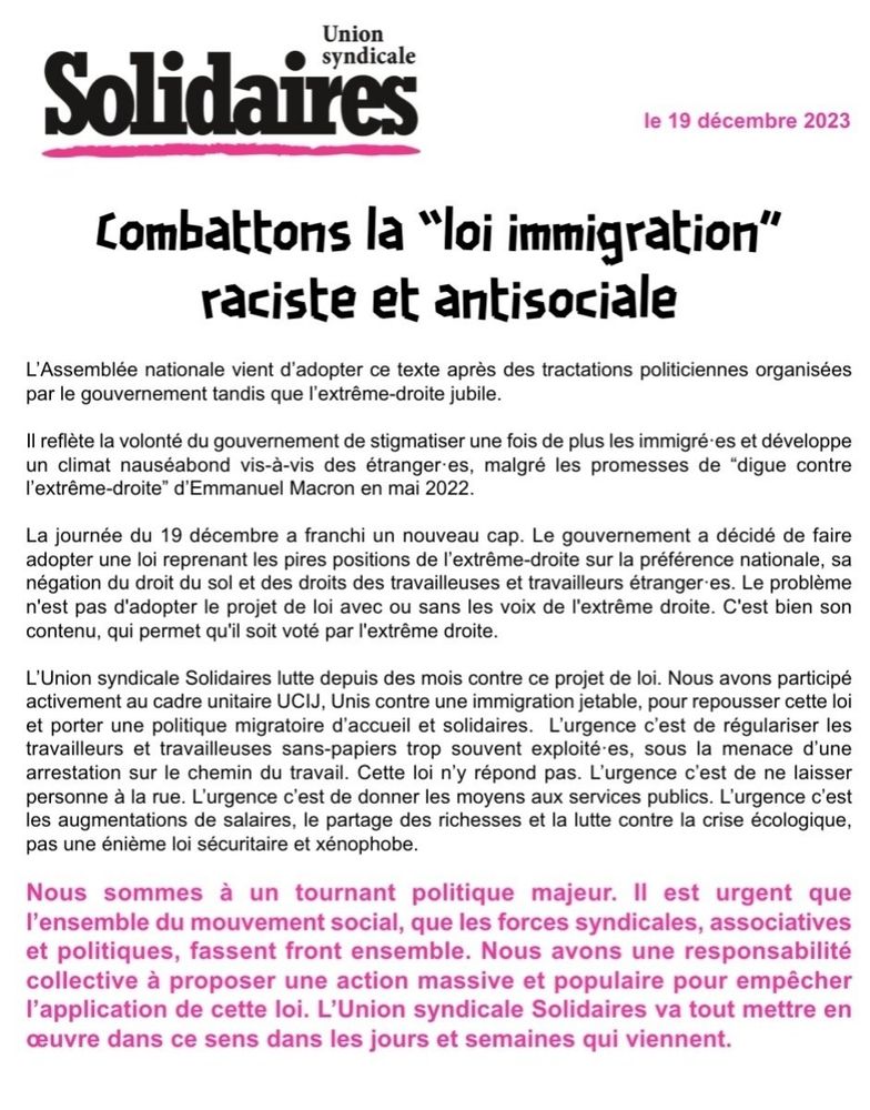 Texte du communiqué de l'Union syndicale Solidaires (lien dans le post)