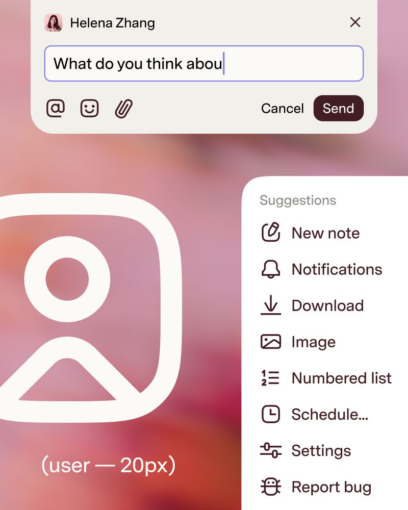 Custom icons, like a smiley and paperclip, in a menu and comment interface