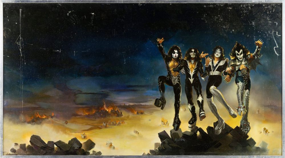 The full album art without logo for KISS' Destroyer album, painted by Ken Kelly and featuring Paul Stanley, Peter Criss, Ace Frehley, and Gene Simmons in their full band makeup and costumes posing like superheroes while the world devolves into post-apocalyptic horror behind them.
