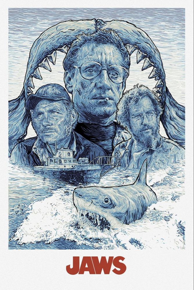 An image of the movie Jaws by artist Will Huntley and featuringcharacters Hooper, Quint, Brody, and Bruce the shark.