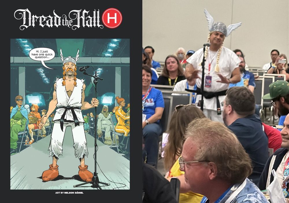 A costumed character by artist Nelson Daniel from the comic book Dread the Hall H alongside a photo of cosplayer Rey Benevides, who dressed as that character for the Dread the Hall H panel at SDCC.