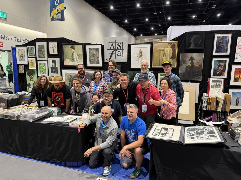 A group photo of many of the writers who contributed to Scott Morse’s amazing This Ink Runs Cold book, with Morse the front, at Comic-Com last week. 