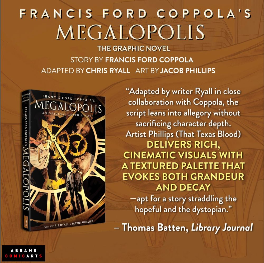 The cover to the Megalopolis graphic novel and a nice pull quote from the Library Journal's advance review of the book.