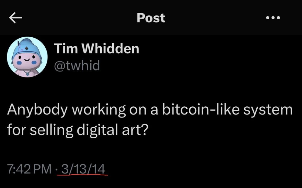 Screenshot of a tweet from march 2014 where the author is wondering if there are people working on a blockchain system for selling digital art