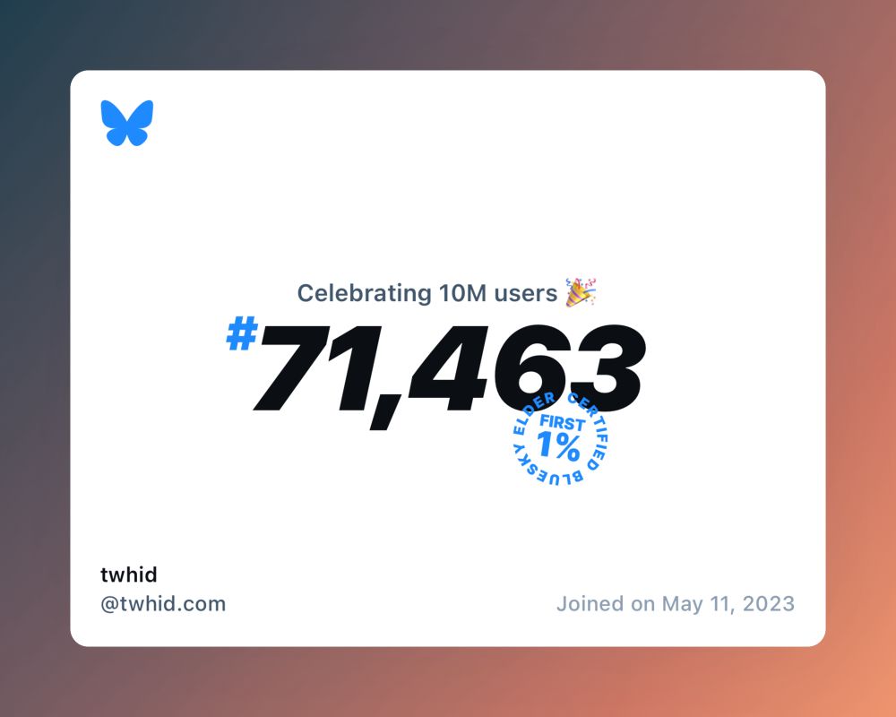 A virtual certificate with text "Celebrating 10M users on Bluesky, #71,463, twhid ‪@twhid.com‬, joined on May 11, 2023"