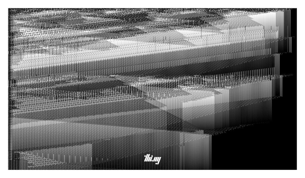 Abstract monochrome still image of a 1.5D cellular automata simulation, showing the evolution of almost geometric/architectural features from an initial seed generation of just noise.