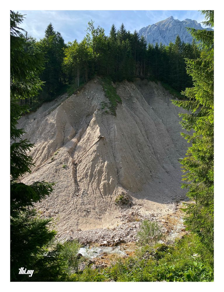 A heavily eroded steep bank of a small mountain creek flowing 20-30m below. Pale grey/beige sand with forest growing on top. Trunks of fallen trees are resting in some of the eroded creases.