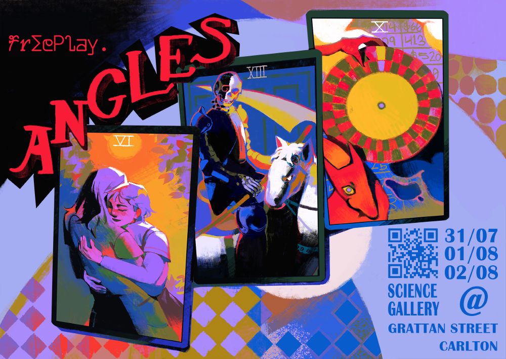 Freeplay Angles, at Science Gallery (Grattan St, Carlton) on Thurs 31/07, Fri 01/08, and Sat 02/08. The image shows a tarot spread of Lovers, Death, and Fortune in an orange and blue colour scheme. The image is by Percy Harris.