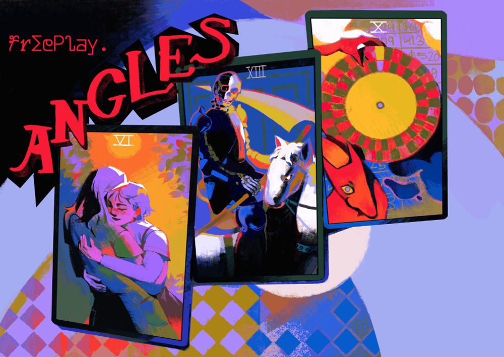 A tarot spread of The Lovers, Death, and Fortune, in bright red and pale blue, with the words 'Freeplay - Angles' on top.