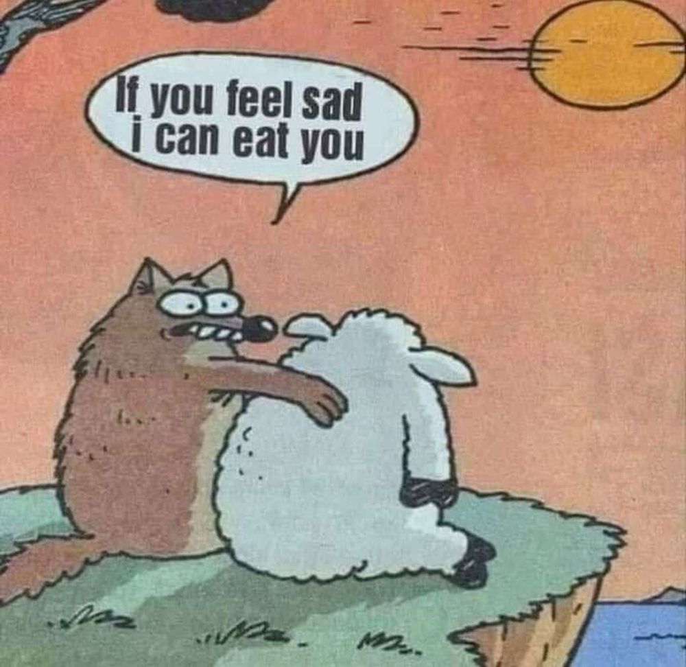 Comic Zeichnung: Ein Wolf sitzt an einem Abhang mit Meerblick bei romantischem Sonnenuntergang neben einem Schaf, legt den Arm um dessen Schulter und sagt: "If you feel sad, I can eat you."