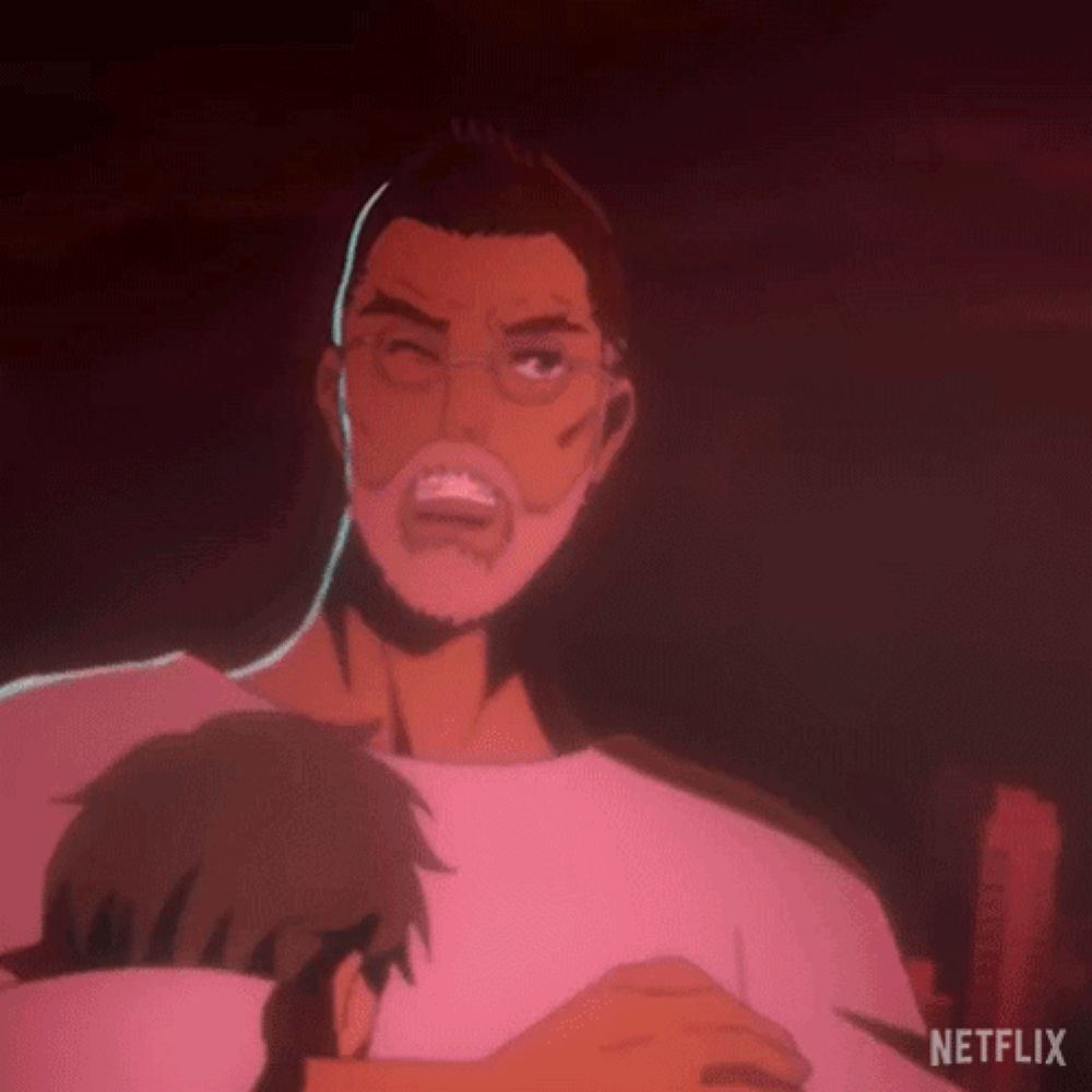 a man with glasses and a mustache is holding another man 's head in a netflix advertisement