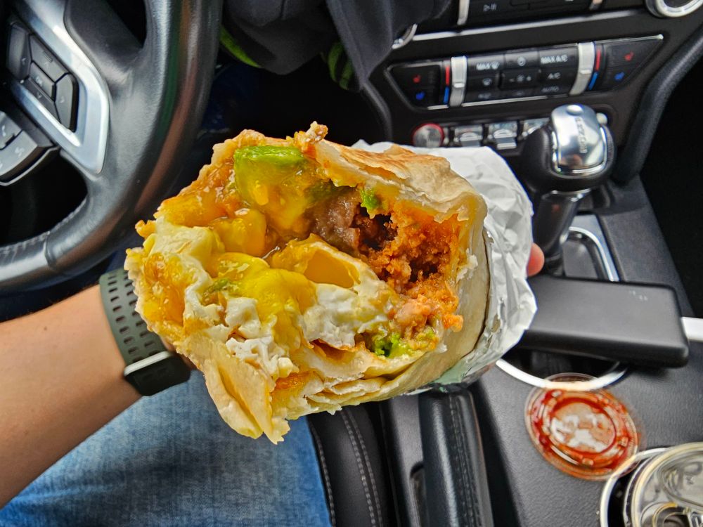 Burrito with runny egg, longaniza, Avocado 