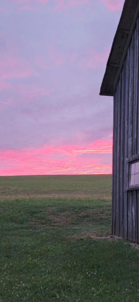 Pink, gold, and purple sunset. On the right is the corner of a weathered gray barn. Release the Epstein files. 