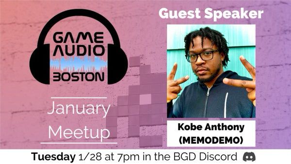 A banner for the event stating that Kobe Anthony, aka MEMODEMO will be attending our virtual meetup on 1/28 at 7PM Eastern time.