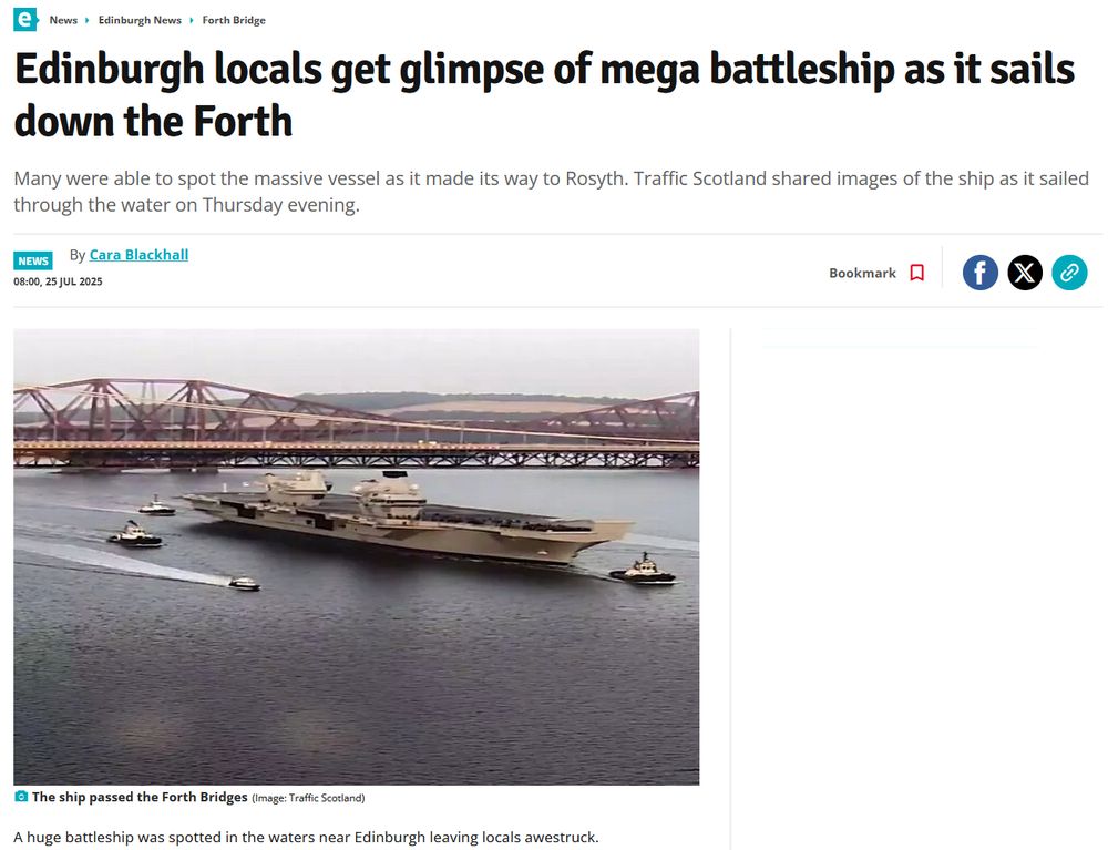 Edinburgh Live screengrab, "Edinburgh locals get glimpse of mega battleship as it sails down the Forth". Beneath is a picture of an aircraft carrier sailing *up* the Forth...