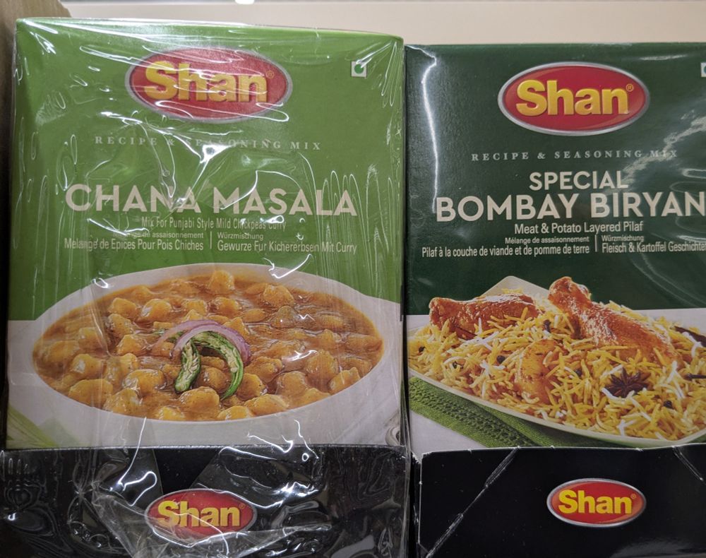 Packets of "Shan" brand chana masala and special Bombay biryani