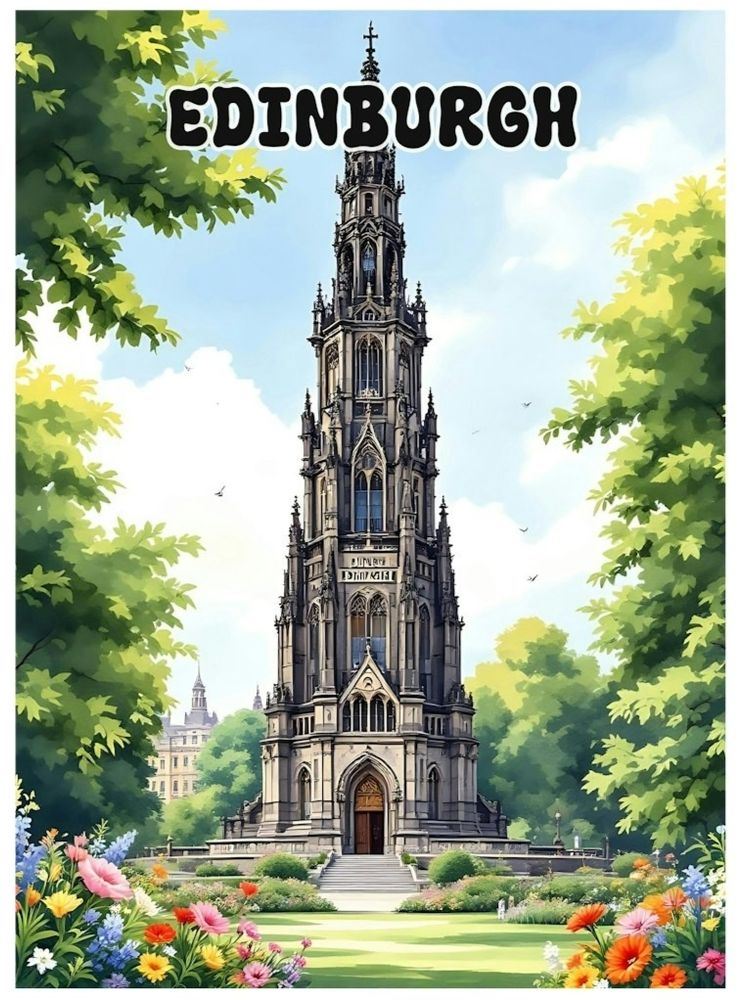 A clearly AI-generated "vintage travel poster" of Edinburgh, showing something vaguely like a famous Edinburgh landmark but totally different.